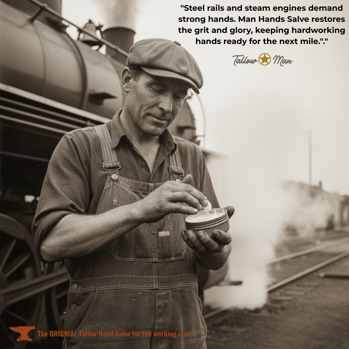 Grease-stained hands holding a Tallow Man Hand Salve tin in an automobile workshop, with promotional copy.
