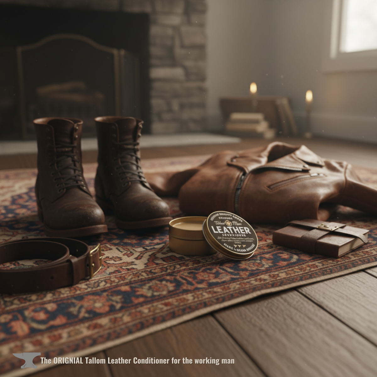 Tallow Man Leather Conditioner tin on a warm cream background