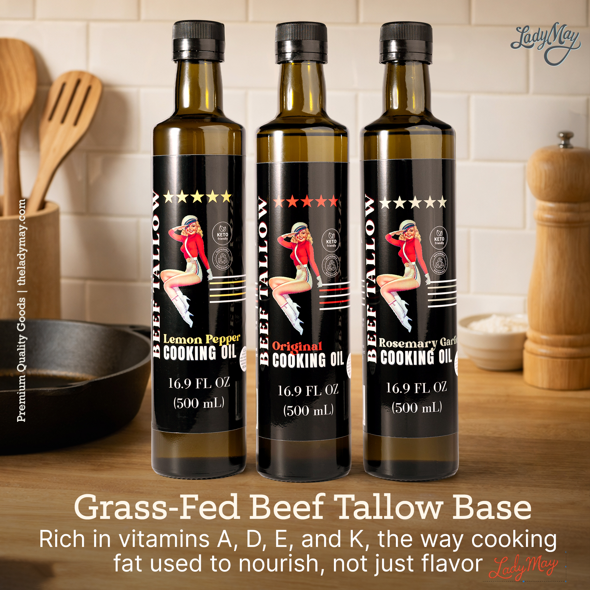 Lady May Tallow Cooking Oil Trio Bundle | Grass-Fed Beef Tallow & Olive Oil | Original, Rosemary Garlic & Lemon Pepper | Clean High-Heat Cooking from Our Restaurant Kitchen