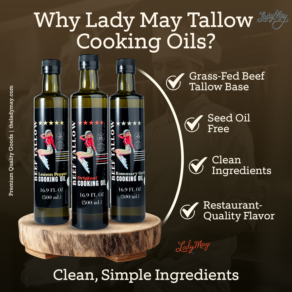 Lady May Tallow Cooking Oil Trio Bundle | Grass-Fed Beef Tallow & Olive Oil | Original, Rosemary Garlic & Lemon Pepper | Clean High-Heat Cooking from Our Restaurant Kitchen