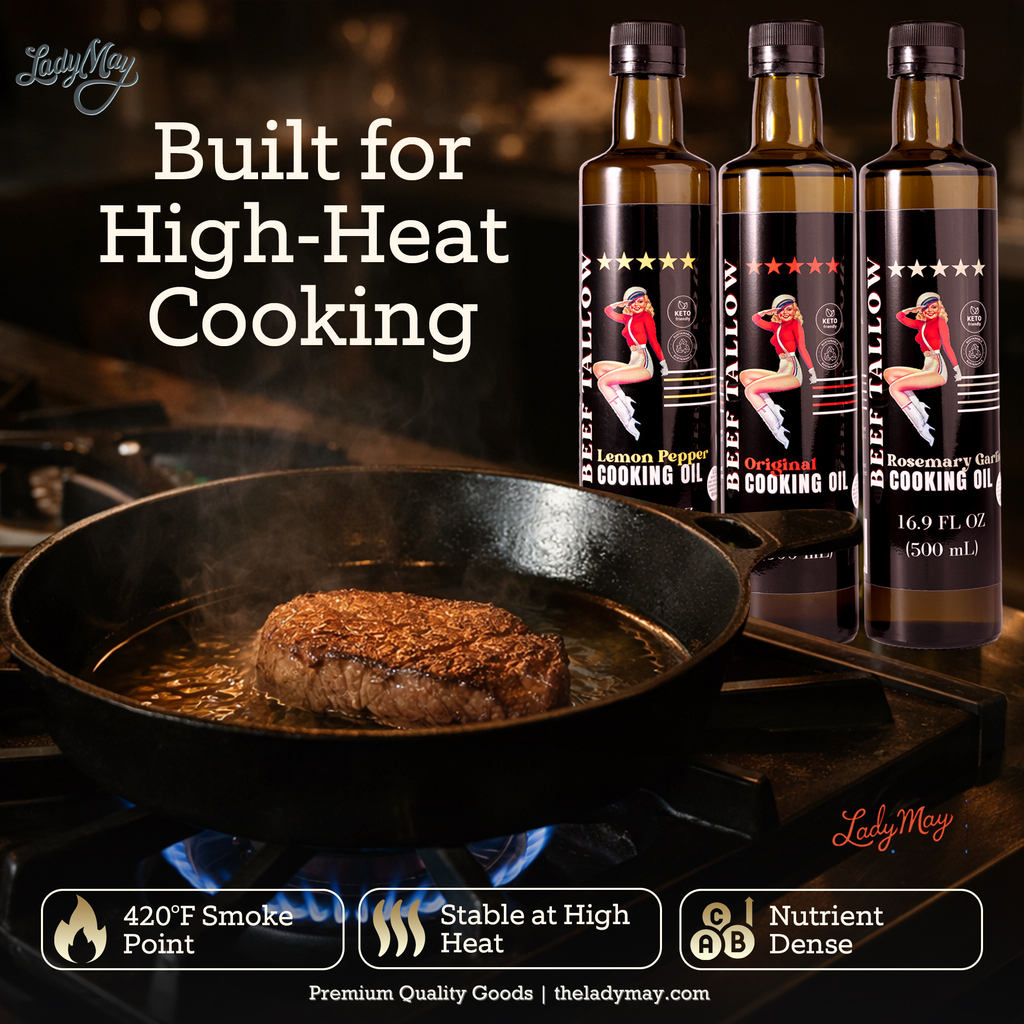 Lady May Tallow Cooking Oil Trio Bundle | Grass-Fed Beef Tallow & Olive Oil | Original, Rosemary Garlic & Lemon Pepper | Clean High-Heat Cooking from Our Restaurant Kitchen