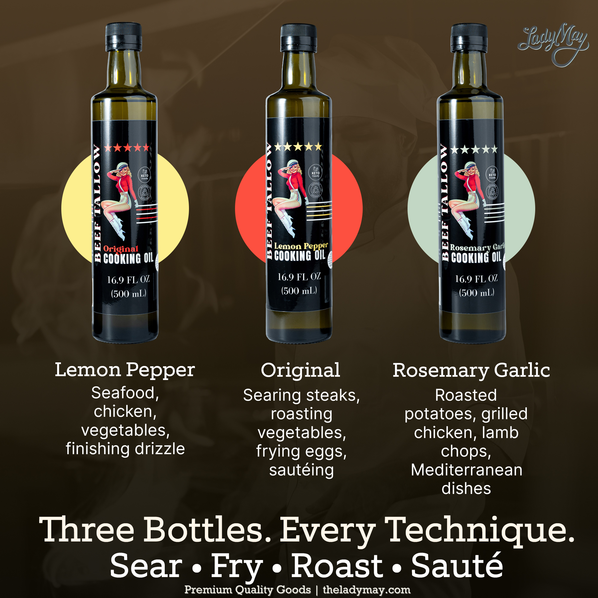 Lady May Tallow Cooking Oil Trio Bundle | Grass-Fed Beef Tallow & Olive Oil | Original, Rosemary Garlic & Lemon Pepper | Clean High-Heat Cooking from Our Restaurant Kitchen