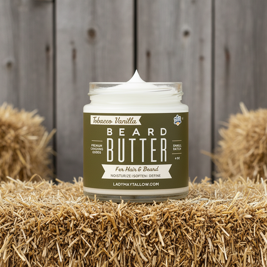 Open jar of Tallow Man Tobacco Vanilla Beard + Body Butter with front label visible.