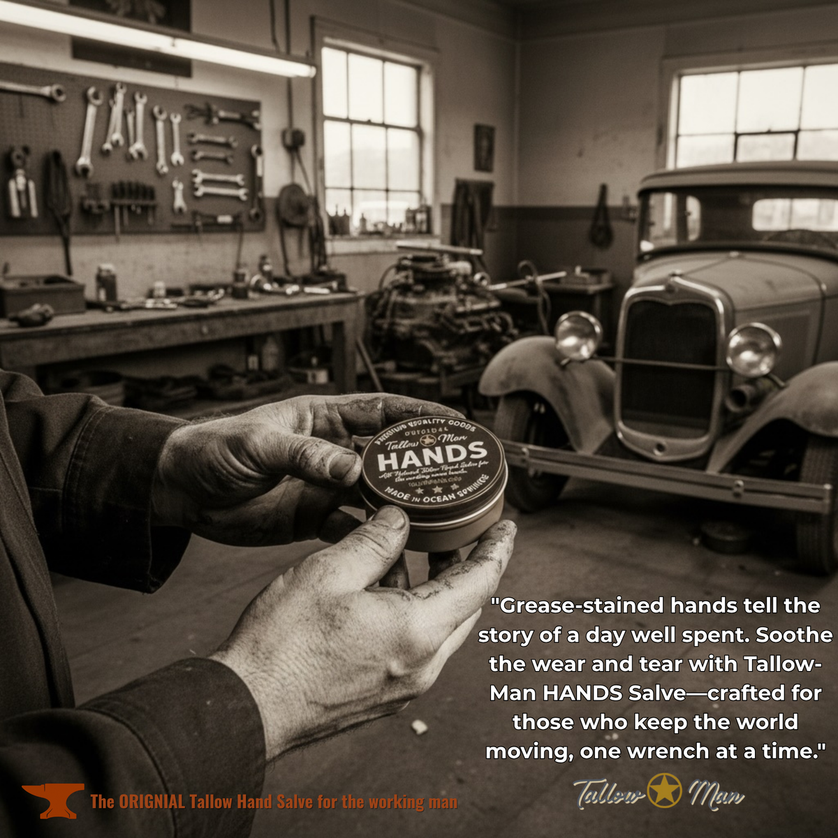 Grease-stained hands holding a Tallow Man Hand Salve tin in an automobile workshop, with promotional copy.