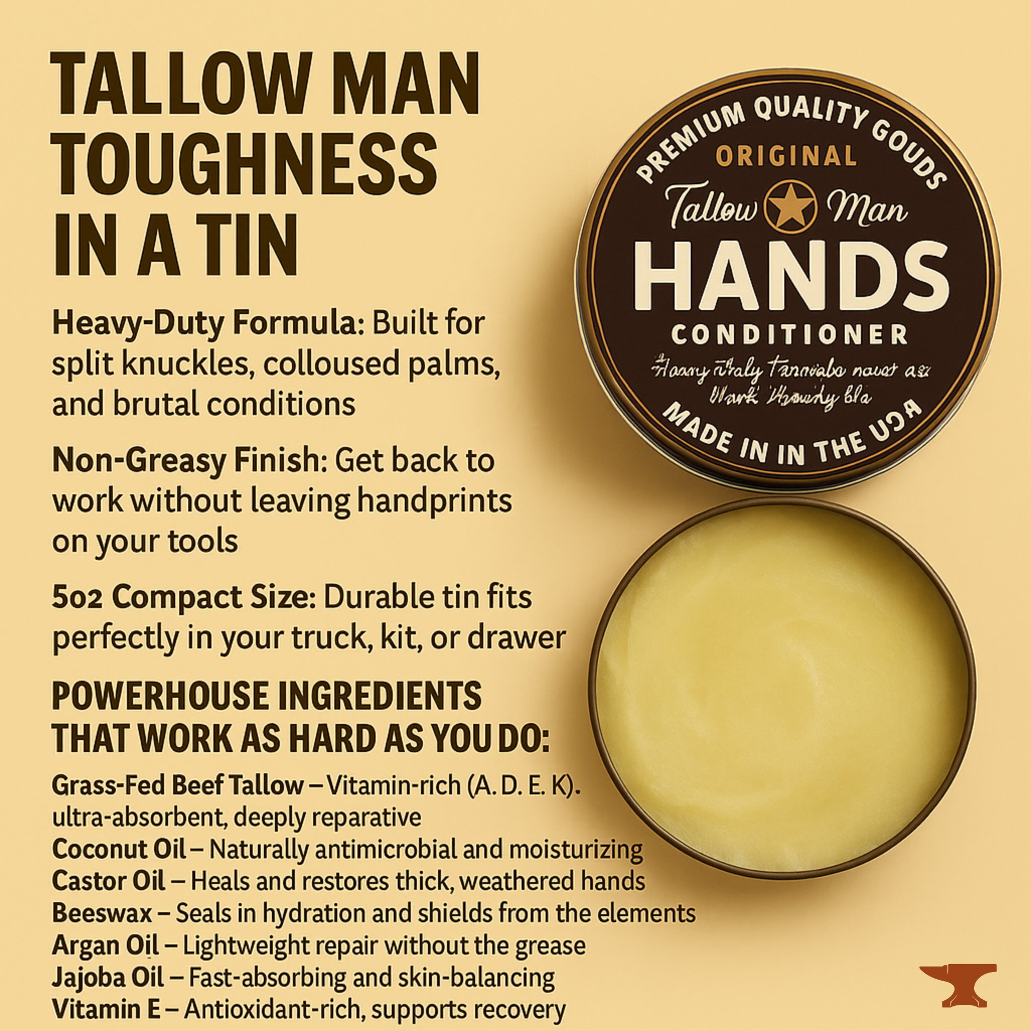 Tallow Man Hand Salve – Heavy-Duty Hand Repair for Working Men | Grass-Fed Tallow 5oz