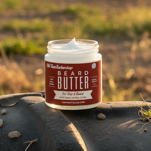 Open jar of Tallow Man Old Time Barbershop Beard Butter with cream visible on a warm stone background.