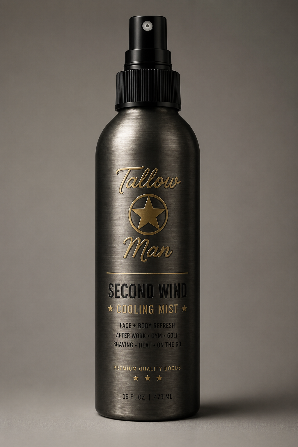 Front view of Tallow Man Second Wind Cooling Mist face and body refresh spray bottle, 16 fl oz.