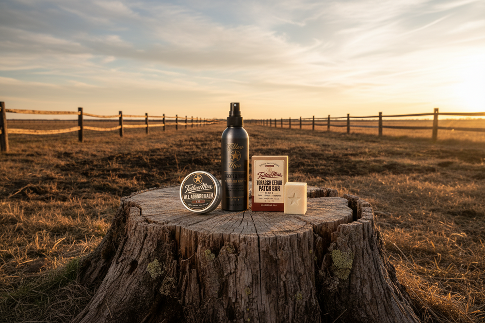 The Man Bundle with Tallow Man All Around Balm, Second Wind Cooling Mist and Tobacco Cedar Patch Bar on a warm stone surface.