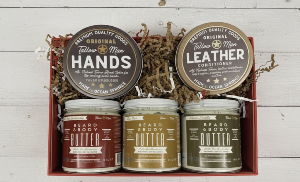 Tallow Man Deluxe Gift Set – Beard Butter Trio, Hand Salve & Leather Conditioner | Premium Men's Grooming