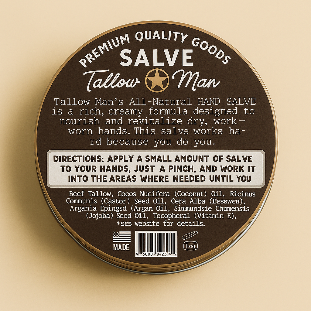 Back label of Tallow Man Hand Salve tin showing directions, ingredients and barcode on a warm beige background.