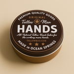 Front of Tallow Man Hands all-natural tallow hand salve tin on a warm beige background.