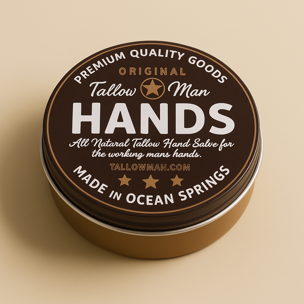 Front of Tallow Man Hands all-natural tallow hand salve tin on a warm beige background.