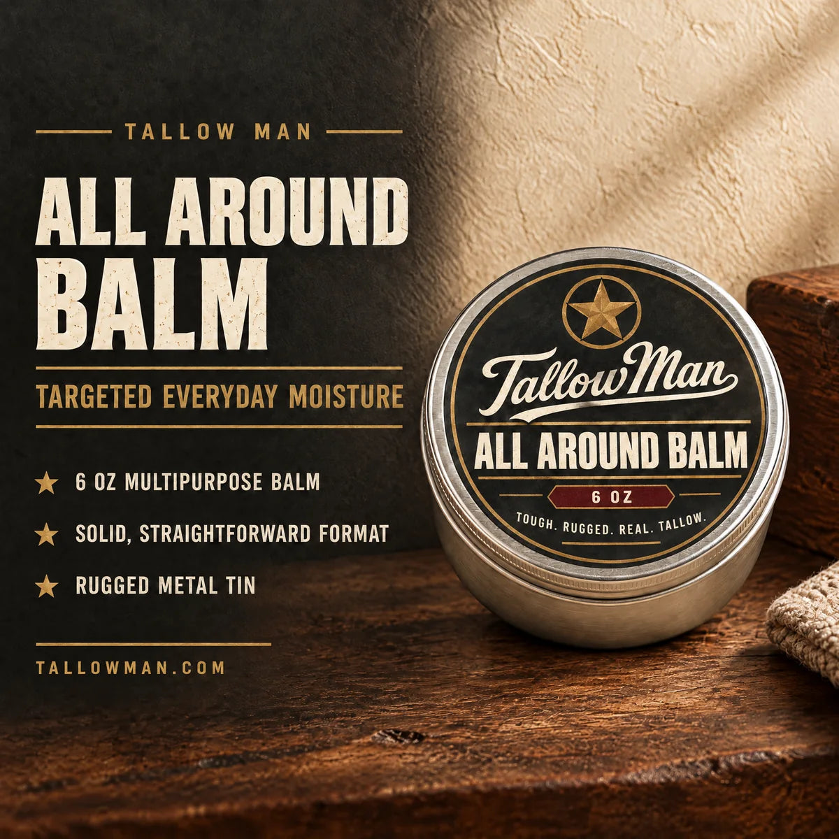 All Around Balm benefits: 6 oz multipurpose balm in a rugged metal tin for targeted everyday moisture.
