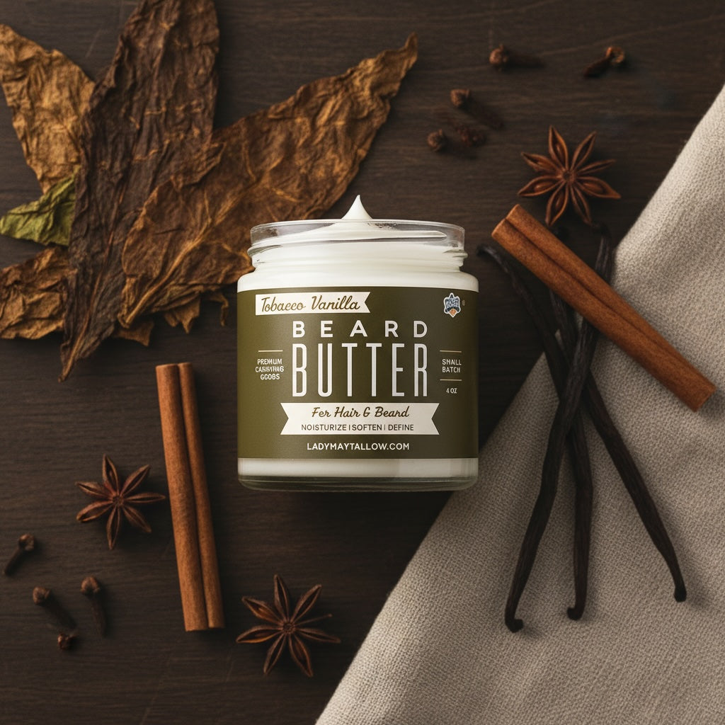 Open jar of Tallow Man Tobacco Vanilla Beard + Body Butter with tobacco leaf, vanilla beans, cinnamon, star anise and cloves on dark wood.