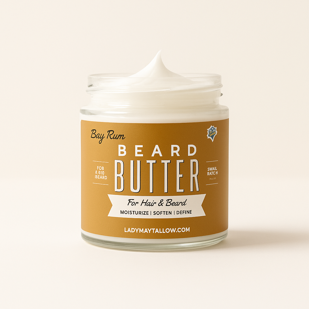 Jar of beard butter with a brown label on a beige background