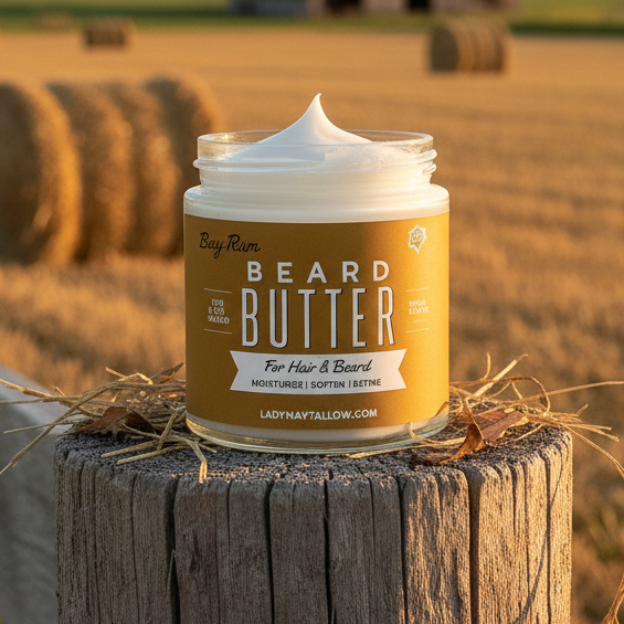 Tallow Man Bay Rum Beard Butter open jar with cream visible and brown front label on a warm cream background.