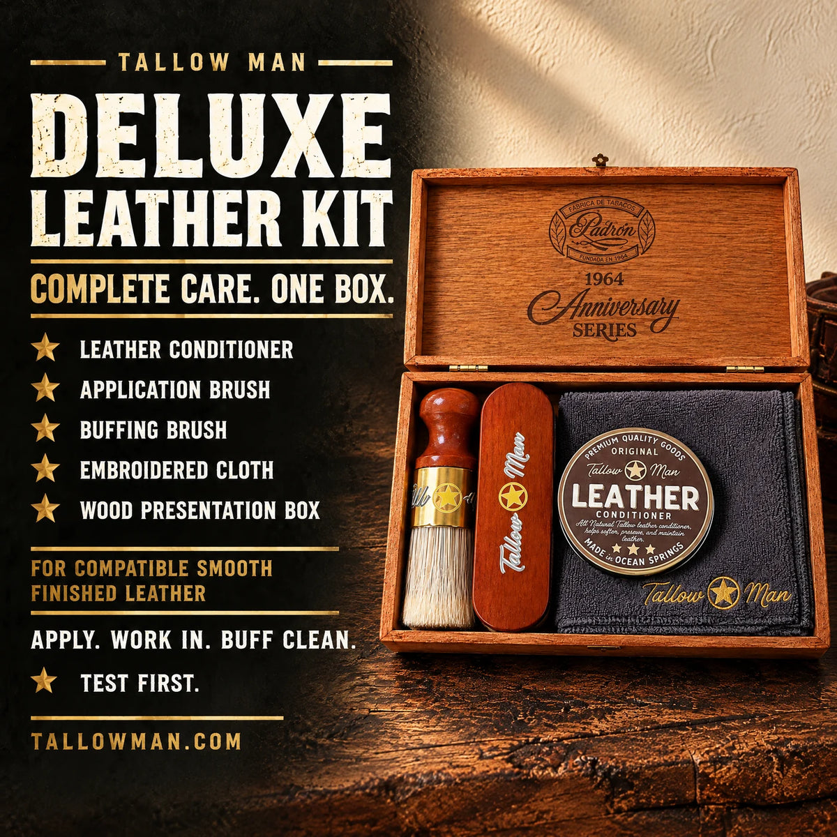 Deluxe Leather Kit contents and benefits for compatible smooth finished boots, belts, bags and work gear.