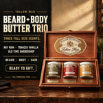 Beard and Body Butter Trio benefits: Bay Rum, Tobacco Vanilla and Old Time Barbershop in a wooden gift box.
