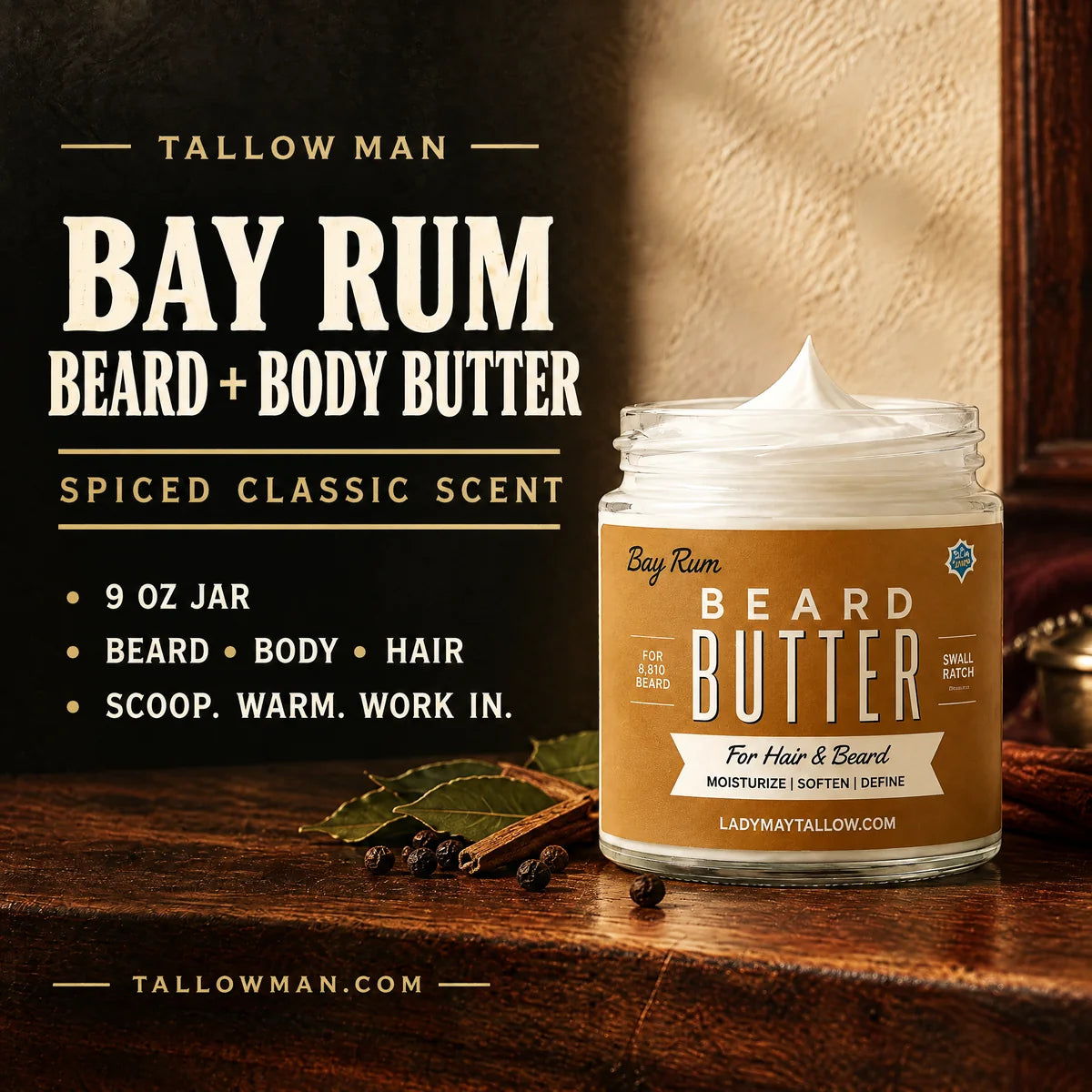 Bay Rum Beard and Body Butter benefits: spiced classic scent in a 9 oz jar for beard, body and hair.