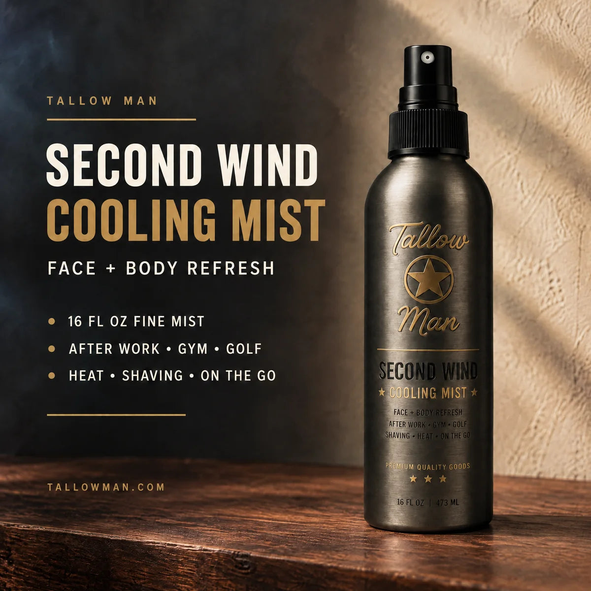 Second Wind Cooling Mist benefits: 16 fl oz face-and-body refresh for work, gym, golf, heat and travel.