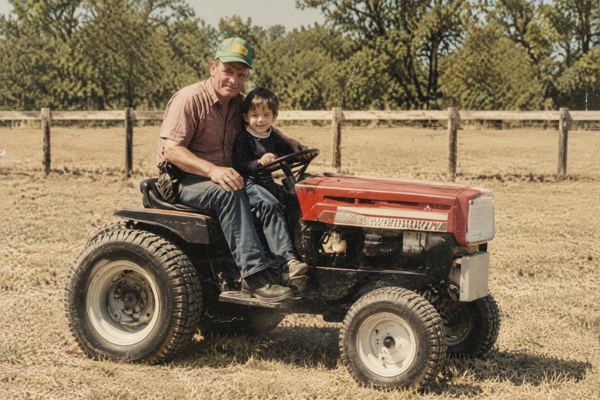 A red and black Kubota compact tractor with a man and a young boy sitting on it in an outdoor grassy field. The man is wearing a green cap, a brown short-sleeve button-up shirt, and blue jeans, while the boy wears a dark long-sleeve shirt and blue jeans.
