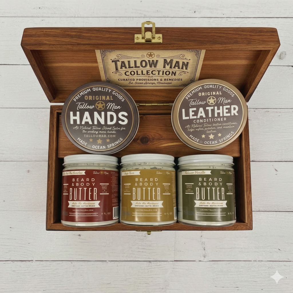 Tallow Man Deluxe Gift Set – Beard Butter Trio, Hand Salve & Leather Conditioner | Premium Men's Grooming