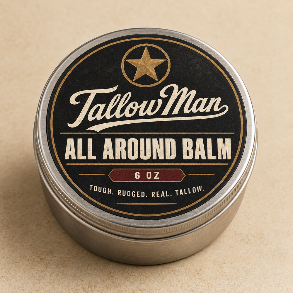 Tallow Man All Around Balm, 6 oz, in a closed silver tin on a warm stone surface.