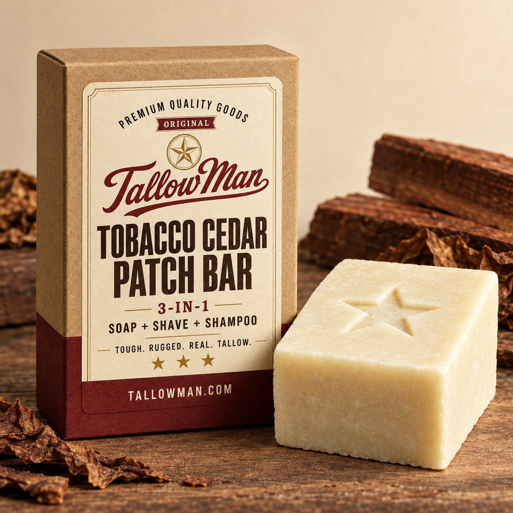 Tallow Man Tobacco Cedar Patch Bar box and embossed soap bar on a wood workbench with tobacco leaf and cedar.