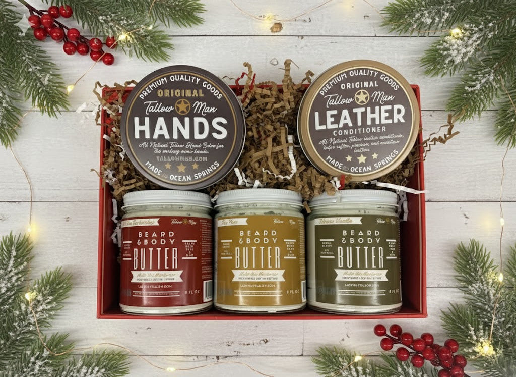 Tallow Man Beard Butter 9oz Trio – Men's Grooming Gift Set | Bay Rum, Tobacco Vanilla, Barbershop