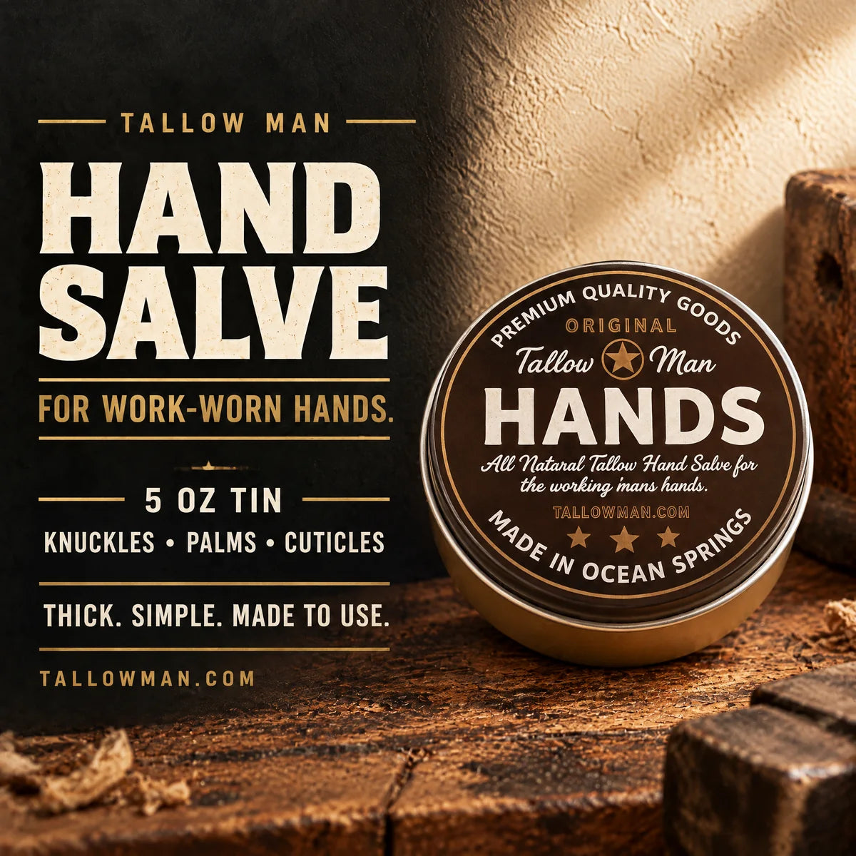 Hand Salve benefits: 5 oz tin for knuckles, palms, cuticles and work-worn hands.